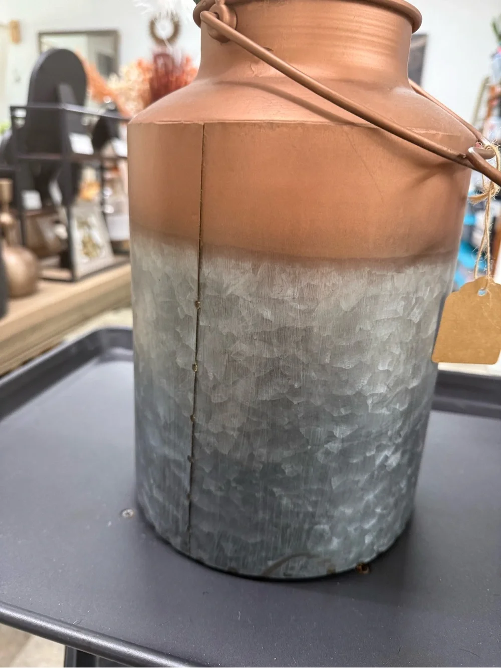 Decorative White Dandelion Stem Arrangement in Copper-Topped Metal Vase -